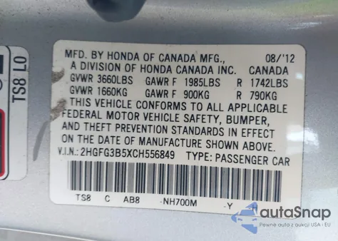 2012 Honda Civic Lx z USA, uszkodzony, nr VIN 2HGFG3B5XCH556849